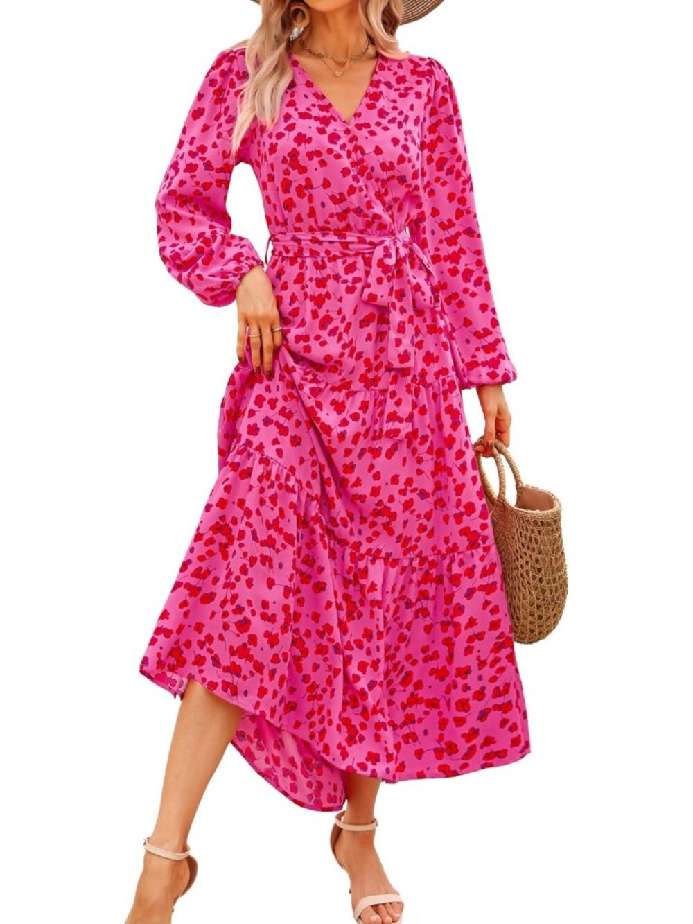 Women's Rose Red Long Sleeve Casual Boho Floral Wrap Wedding Guest Maxi Dresses